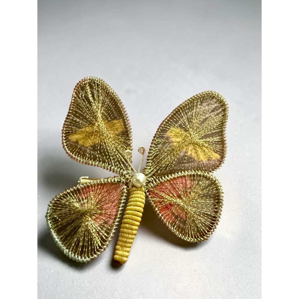 Handmade Gold Wire Butterfly Brooch Iridescent Wing Faux Pearl Pin Accessory